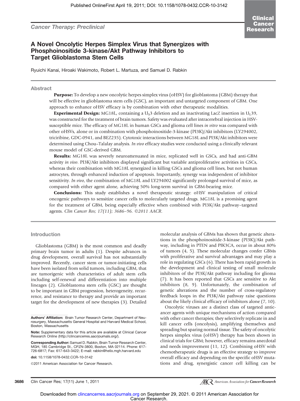 A Novel Oncolytic Herpes Simplex Virus That Synergizes with Phosphoinositide 3-Kinase/Akt Pathway Inhibitors to Target Glioblastoma Stem Cells