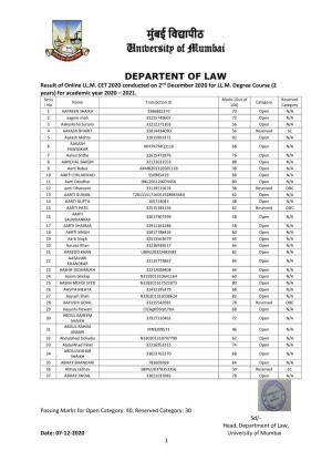 DEPARTENT of LAW Result of Online LL.M