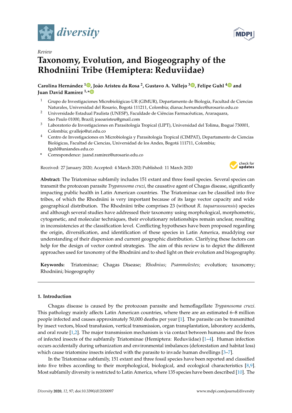 Taxonomy, Evolution, and Biogeography of the Rhodniini Tribe (Hemiptera: Reduviidae)