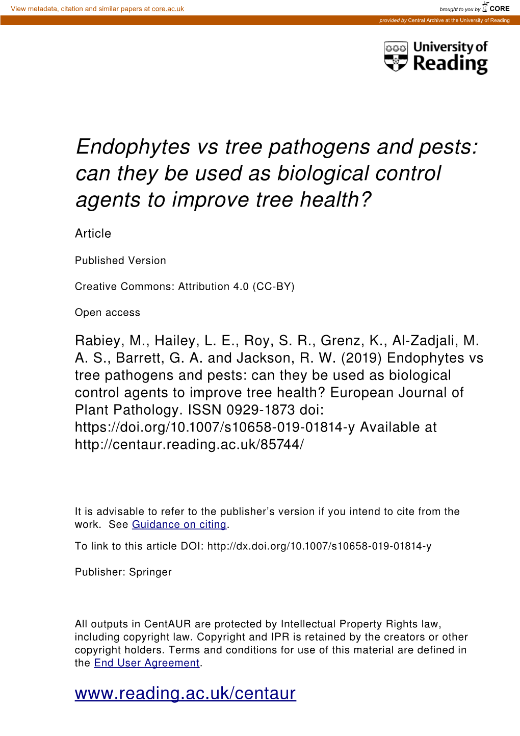 Endophytes Vs Tree Pathogens and Pests: Can They Be Used As Biological Control Agents to Improve Tree Health?