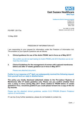 FOI REF: 20/173A 12 May 2020 FREEDOM of INFORMATION ACT