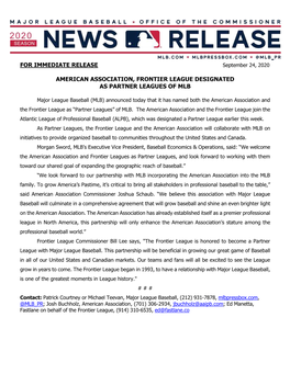 For Immediate Release American Association, Frontier League Designated As Partner Leagues Of