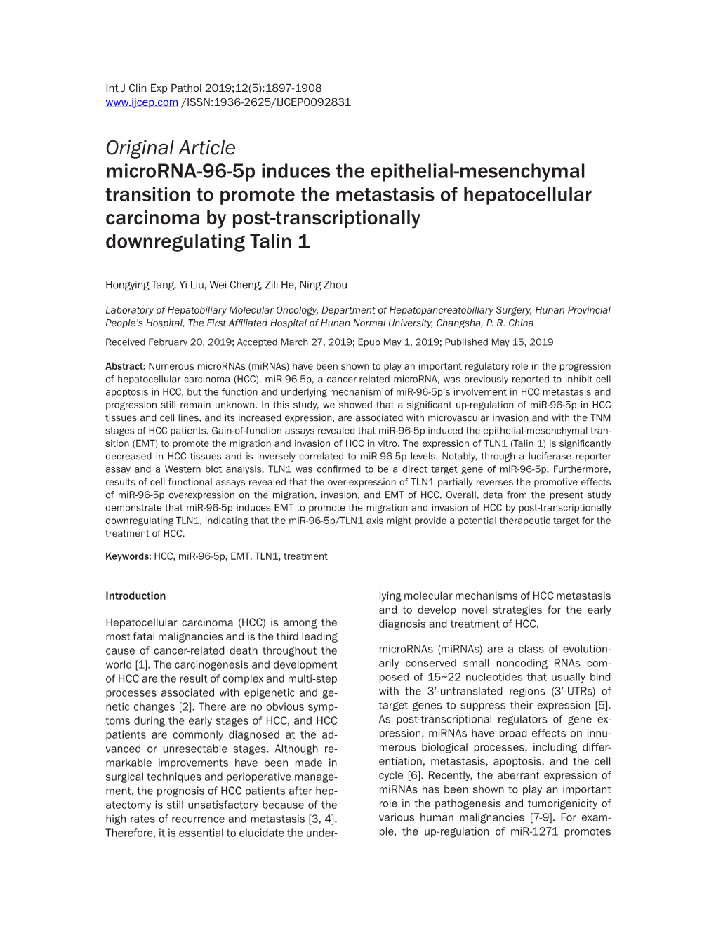 Original Article Microrna-96-5P Induces the Epithelial