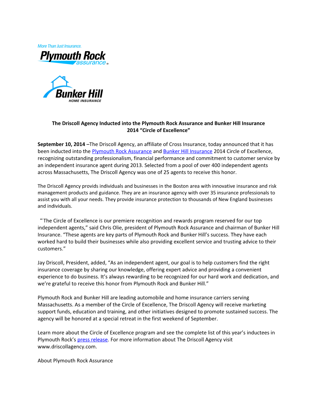 The Driscoll Agency Inducted Into the Plymouth Rock Assurance and Bunker Hill Insurance