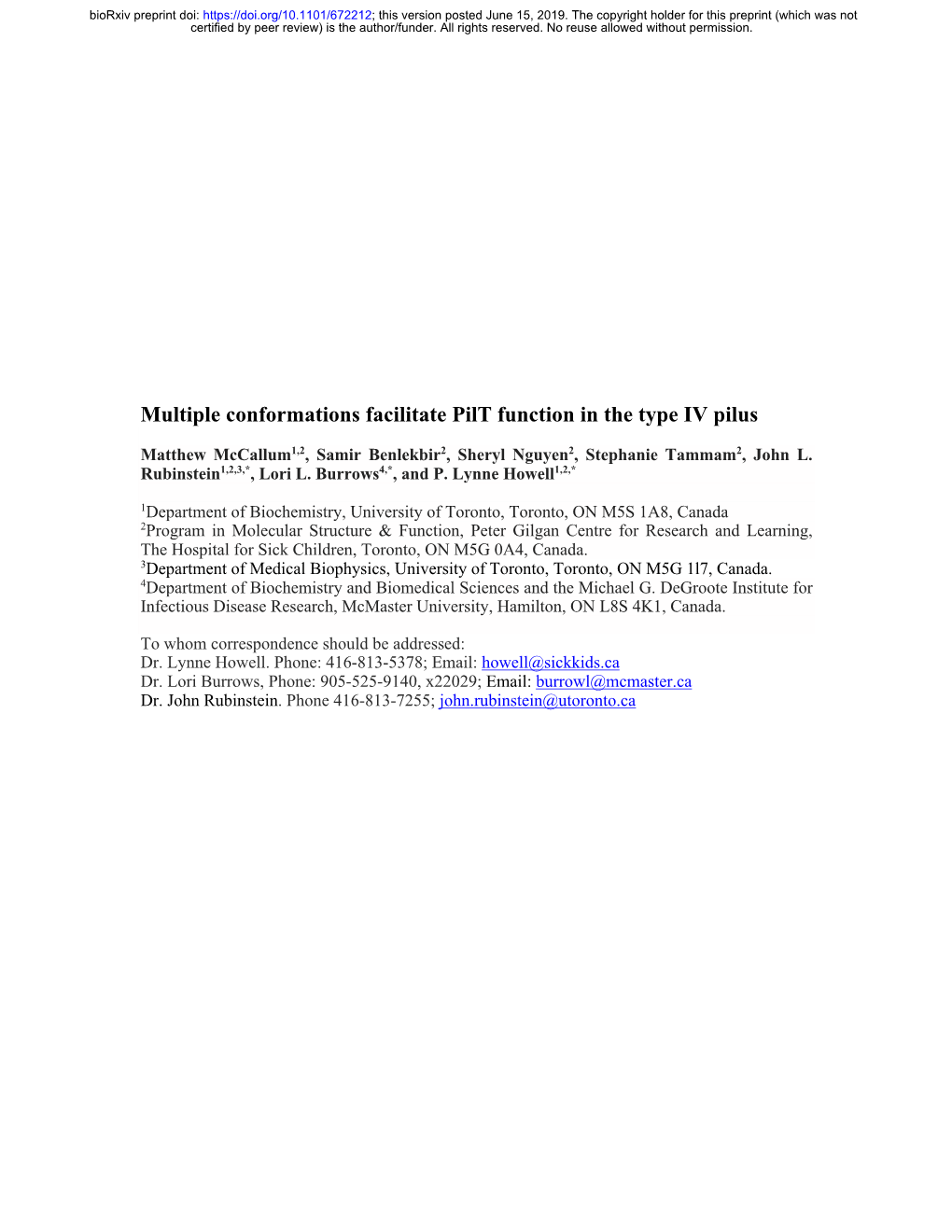 Multiple Conformations Facilitate Pilt Function in the Type IV Pilus