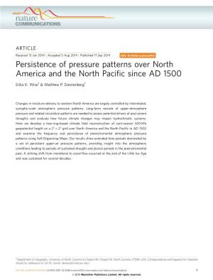 Persistence of Pressure Patterns Over North America and the North Pacific Since AD 1500