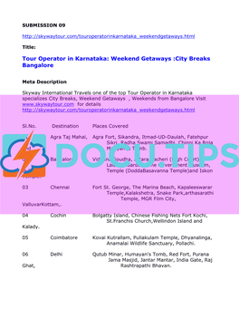 Tour Operator in Karnataka, Weekend Getaways ,City Breaks Bangalore