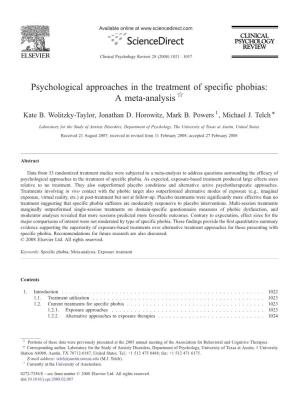 Psychological Approaches in the Treatment of Specific Phobias: a Meta-Analysis ☆ ⁎ Kate B