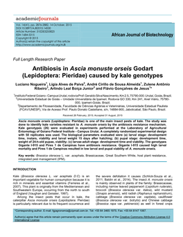 Antibiosis in Ascia Monuste Orseis Godart (Lepidoptera: Pieridae) Caused by Kale Genotypes