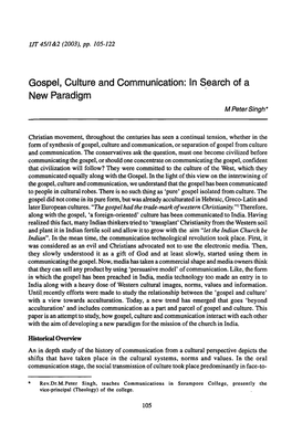 Gospel, Culture and Communication: in Search of a New Paradigm