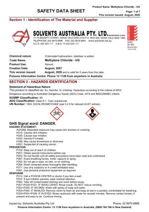 Methylene Chloride - UG SAFETY DATA SHEET Page: 1 of 7 This Revision Issued: August, 2020 Section 1 - Identification of the Material and Supplier