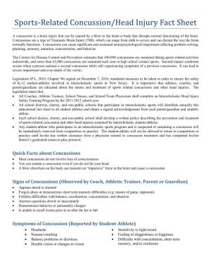 Sports-Related Concussion/Head Injury Fact Sheet