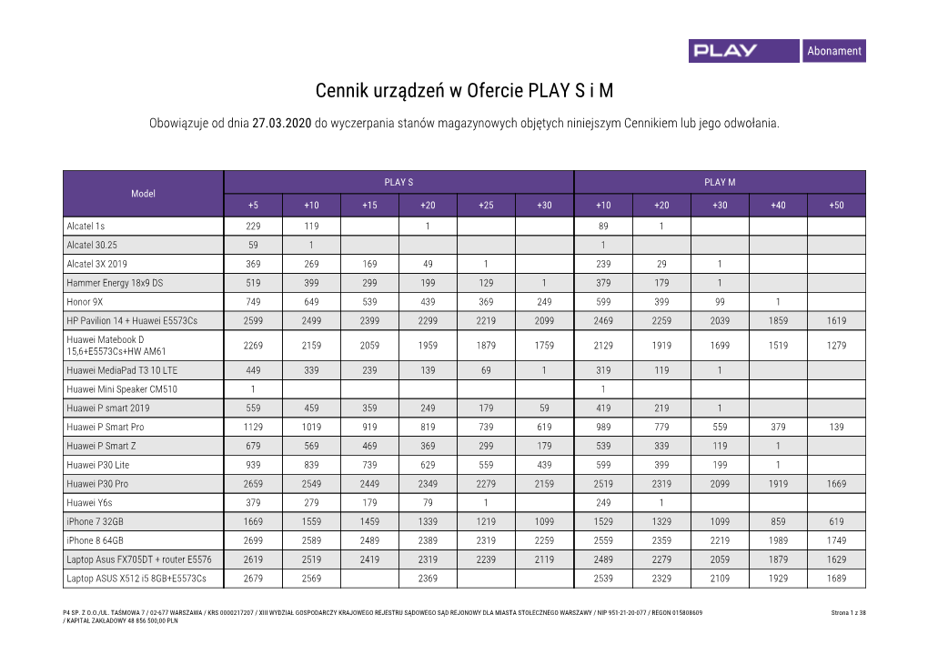 Cennik Urządzeń W Ofercie PLAY S I M