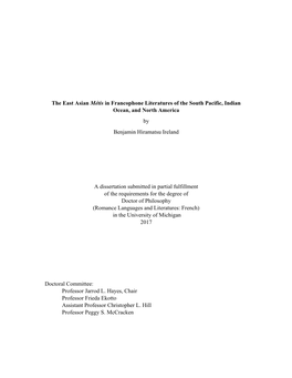 The East Asian Métis in Francophone Literatures of the South Pacific, Indian Ocean, and North America by Benjamin Hiramatsu Ireland