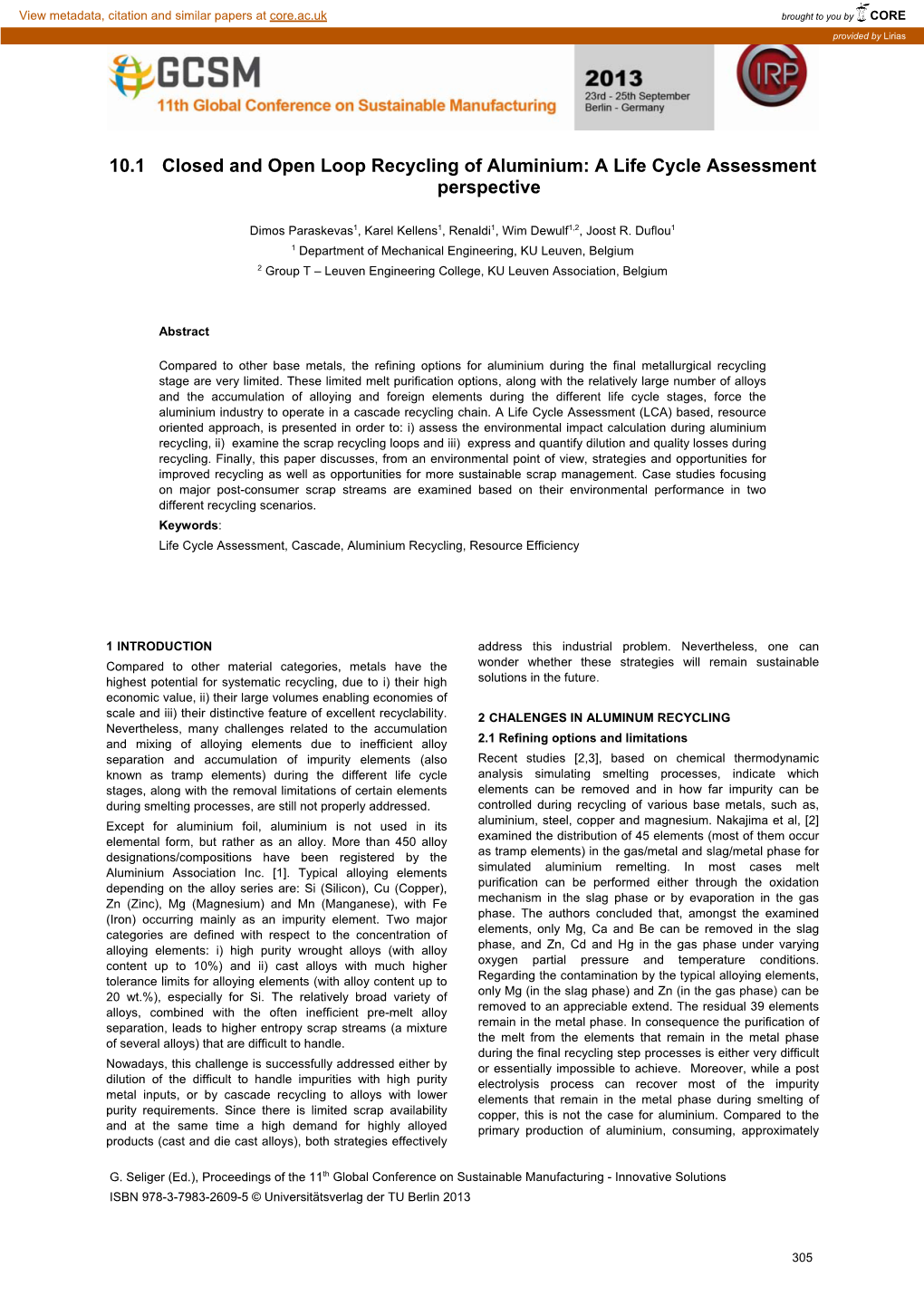 10.1 Closed and Open Loop Recycling of Aluminium: a Life Cycle Assessment Perspective