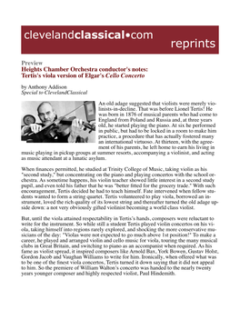 Tertis's Viola Version of Elgar's Cello Concerto by Anthony Addison Special to Clevelandclassical