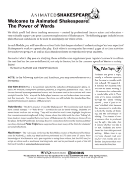 Welcome to Animated Shakespeare! the Power of Words