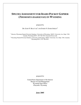 Species Assessment for Idaho Pocket Gopher (Thomomys Idahoensis ) in Wyoming