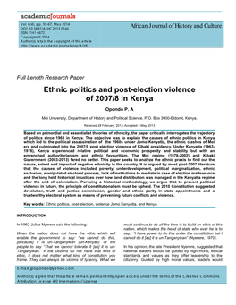 Ethnic Politics and Post-Election Violence of 2007/8 in Kenya