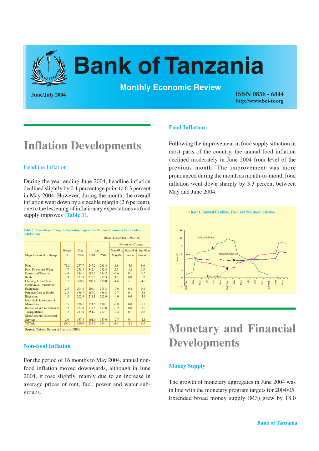 Bank of Tanzania Monthly Economic Review June/July 2004 ISSN 0856 - 6844