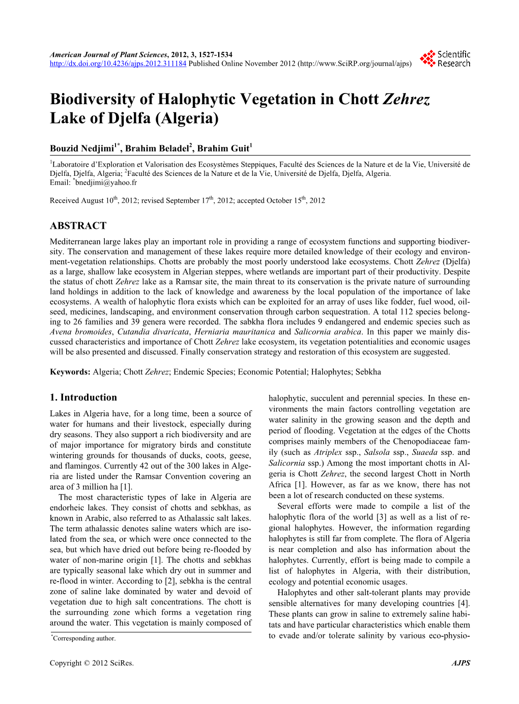 Biodiversity of Halophytic Vegetation in Chott Zehrez Lake of Djelfa (Algeria)