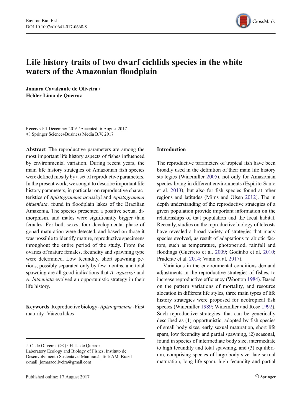 Life History Traits of Two Dwarf Cichlids Species in the White Waters of the Amazonian Floodplain