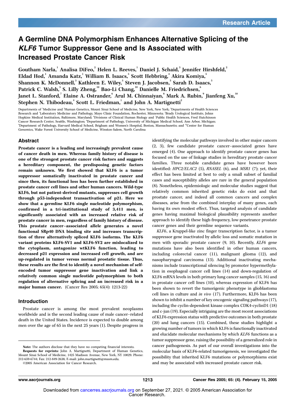 A Germline DNA Polymorphism Enhances Alternative Splicing of the KLF6 Tumor Suppressor Gene and Is Associated with Increased Prostate Cancer Risk