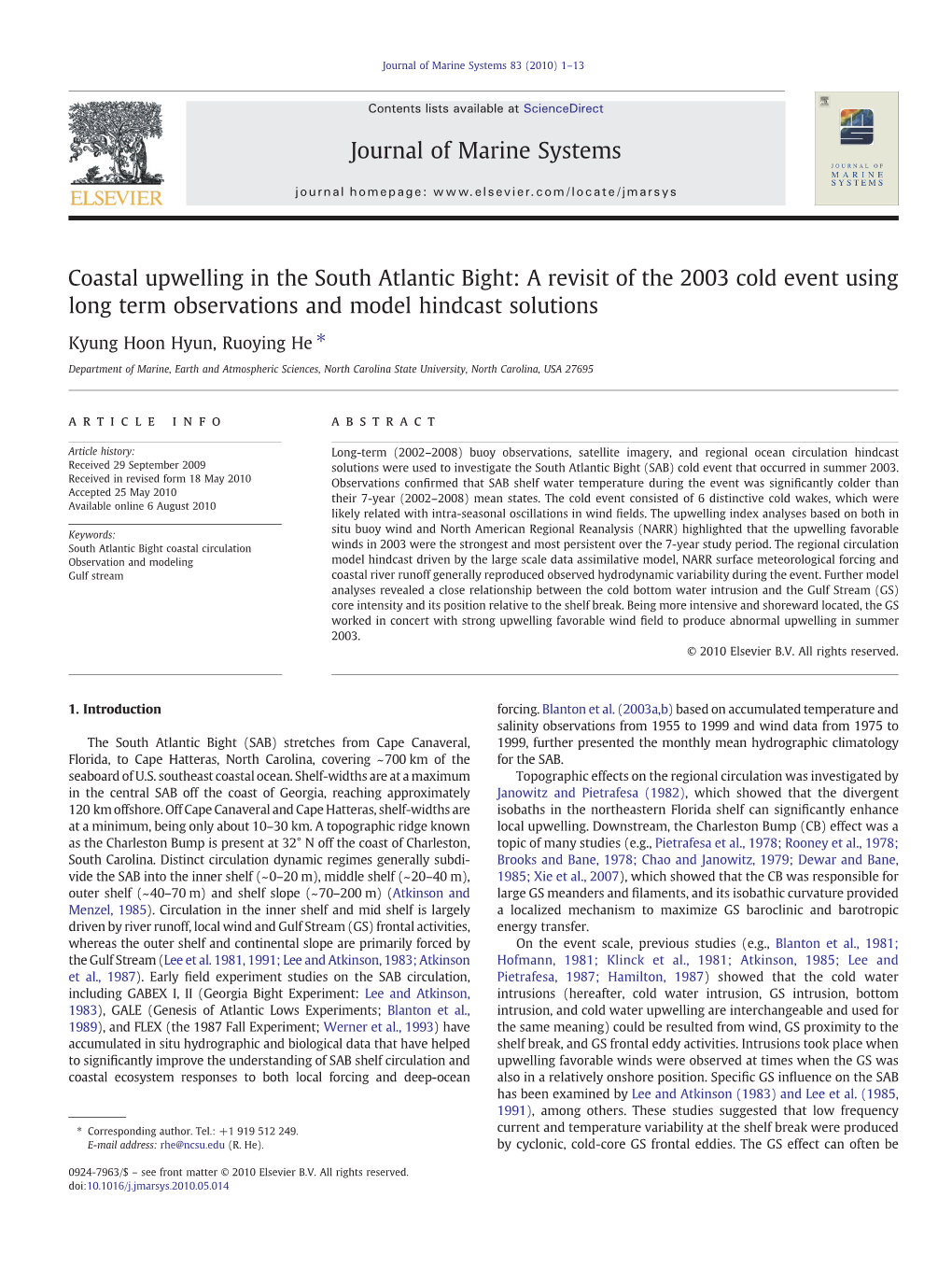 Coastal Upwelling in the South Atlantic Bight: a Revisit of the 2003 Cold Event Using Long Term Observations and Model Hindcast Solutions