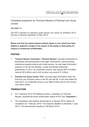 Full Text of the Decision Regarding the Completed Acquisition by Thomson Reuters of Practical Law Group Limited
