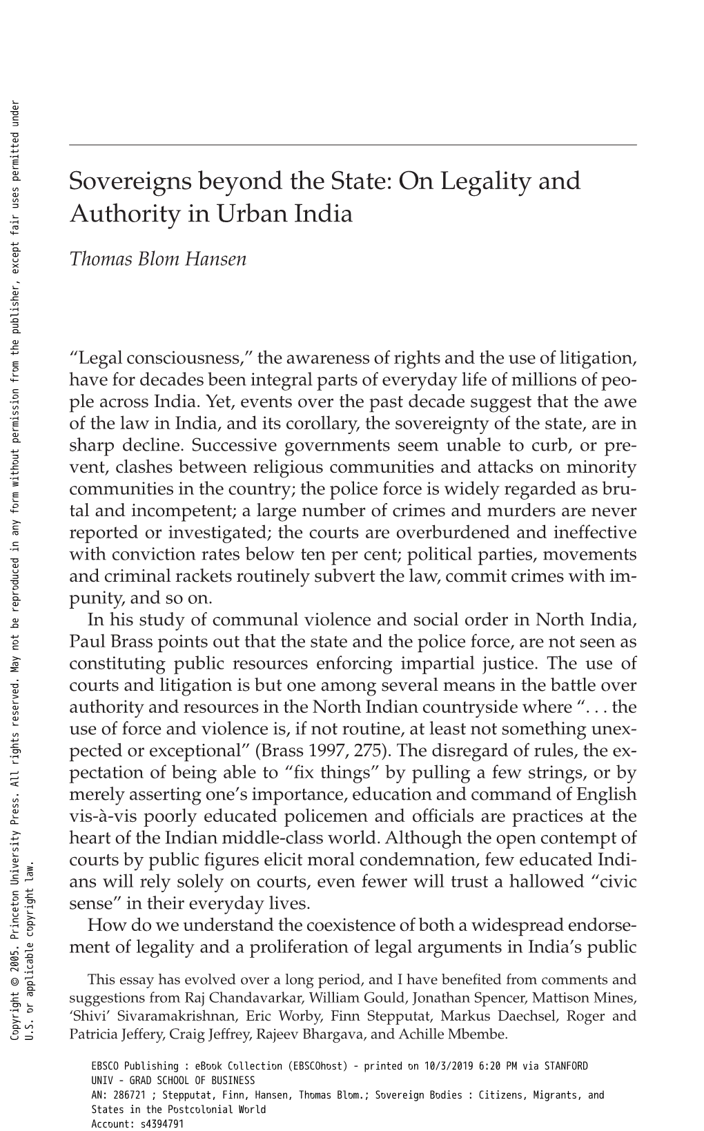 Sovereigns Beyond the State: on Legality and Authority in Urban India