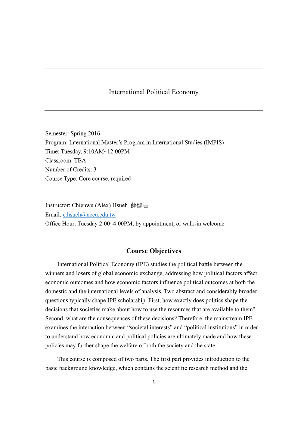 International Political Economy Course Objectives