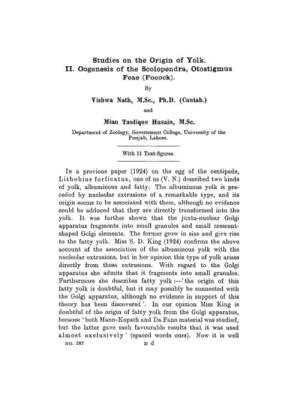 Studies on the Origin of Yolk. II. Oogenesis of the Scolopendra, Otostigmus Feae (Pocock)
