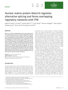 Nuclear Matrix Protein Matrin3 Regulates Alternative Splicing and Forms Overlapping Regulatory Networks with PTB