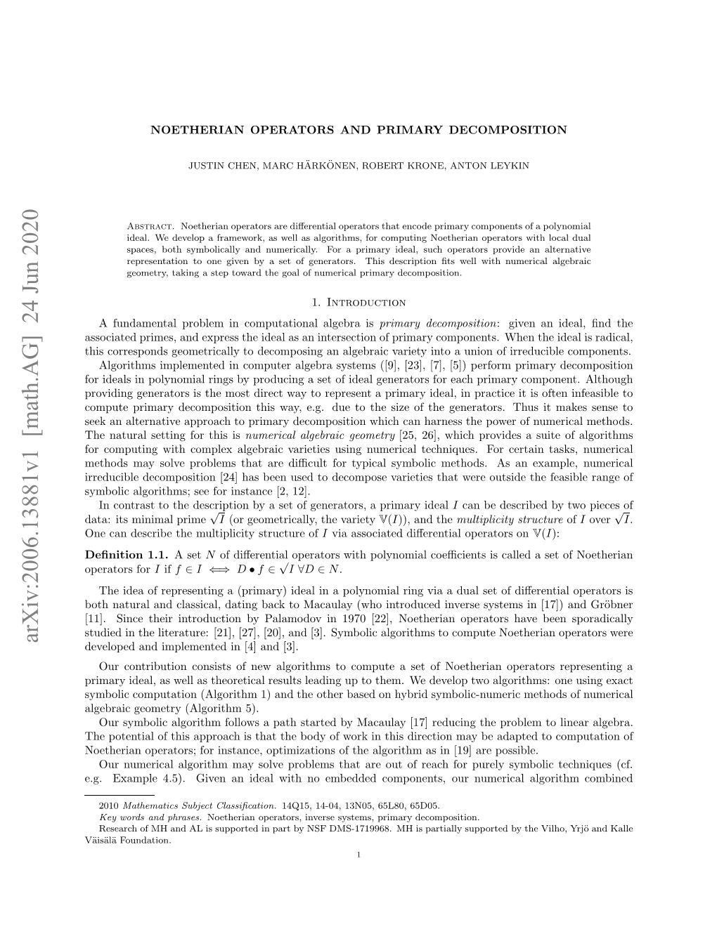 Arxiv:2006.13881V1 [Math.AG] 24 Jun 2020 Prtr for Operators ..Eape45.Gvna Da Ihn Meddcmoet,Orn Our Components, Embedded No with Ideal an Given 4.5)