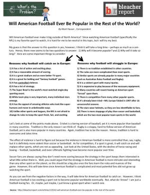 Will American Football Ever Be Popular in the Rest of the World? by Mark Hauser , Correspondent