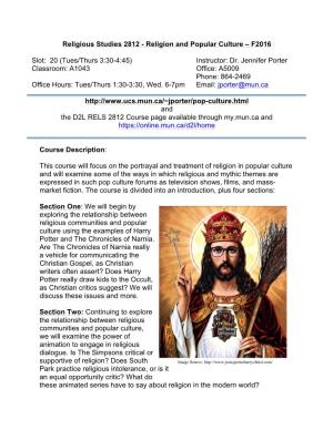 Religious Studies 2812 - Religion and Popular Culture – F2016