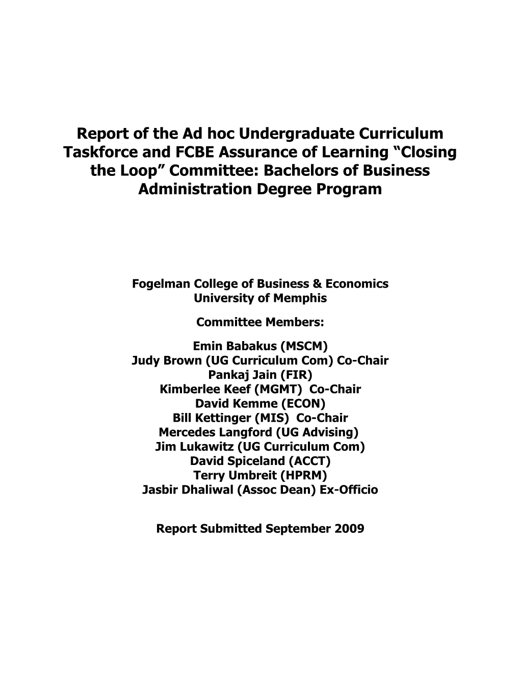 FCBE Assurance Of Learning “Closing The Loop” Committee Report