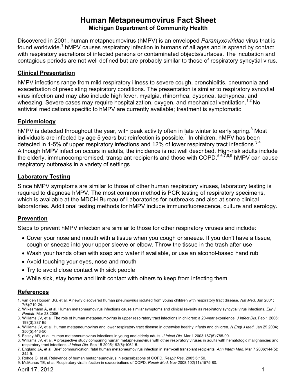 Human Metapneumovirus Fact Sheet Michigan Department of Community Health