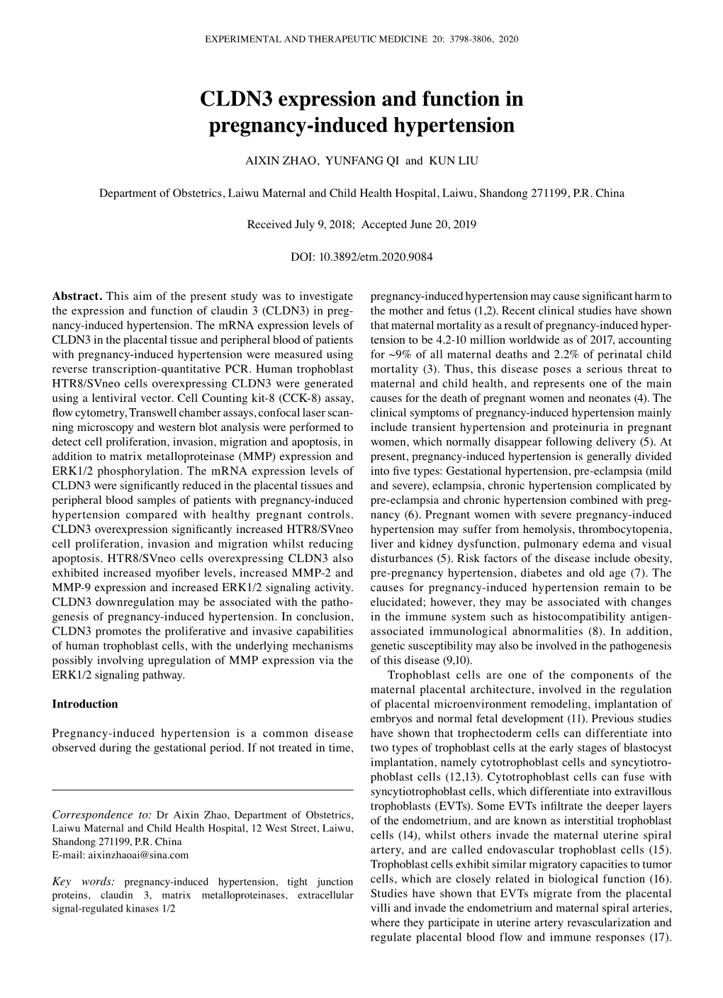 CLDN3 Expression and Function in Pregnancy‑Induced Hypertension