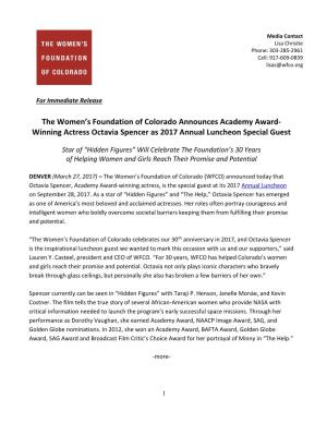 The Women's Foundation of Colorado Announces Academy Award