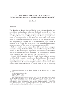 I. 2 the Turin King-List Or So-Called Turin Canon (Tc) As a Source for Chronology1