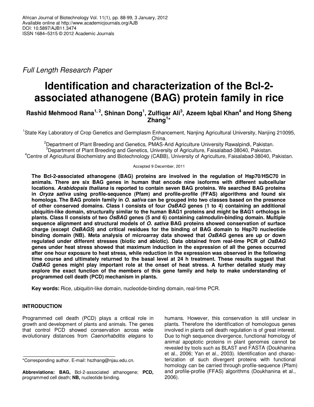 Associated Athanogene (BAG) Protein Family in Rice