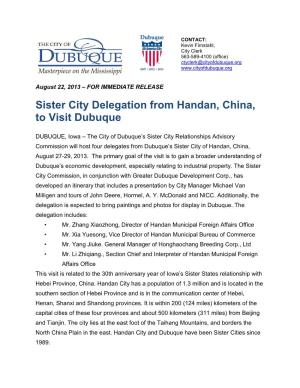 Sister City Delegation from Handan, China, to Visit Dubuque
