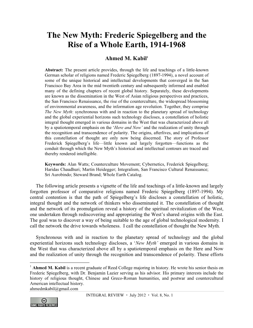 Frederic Spiegelberg and the Rise of a Whole Earth, 1914-1968