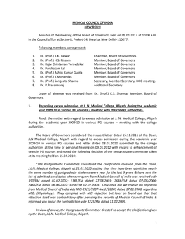1 MEDICAL COUNCIL of INDIA NEW DELHI Minutes of the Meeting Of