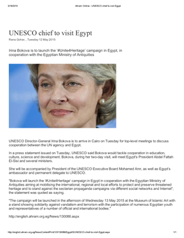 UNESCO Chief to Visit Egypt