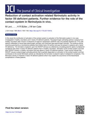 Reduction of Contact Activation Related Fibrinolytic Activity in Factor XII Deficient Patients