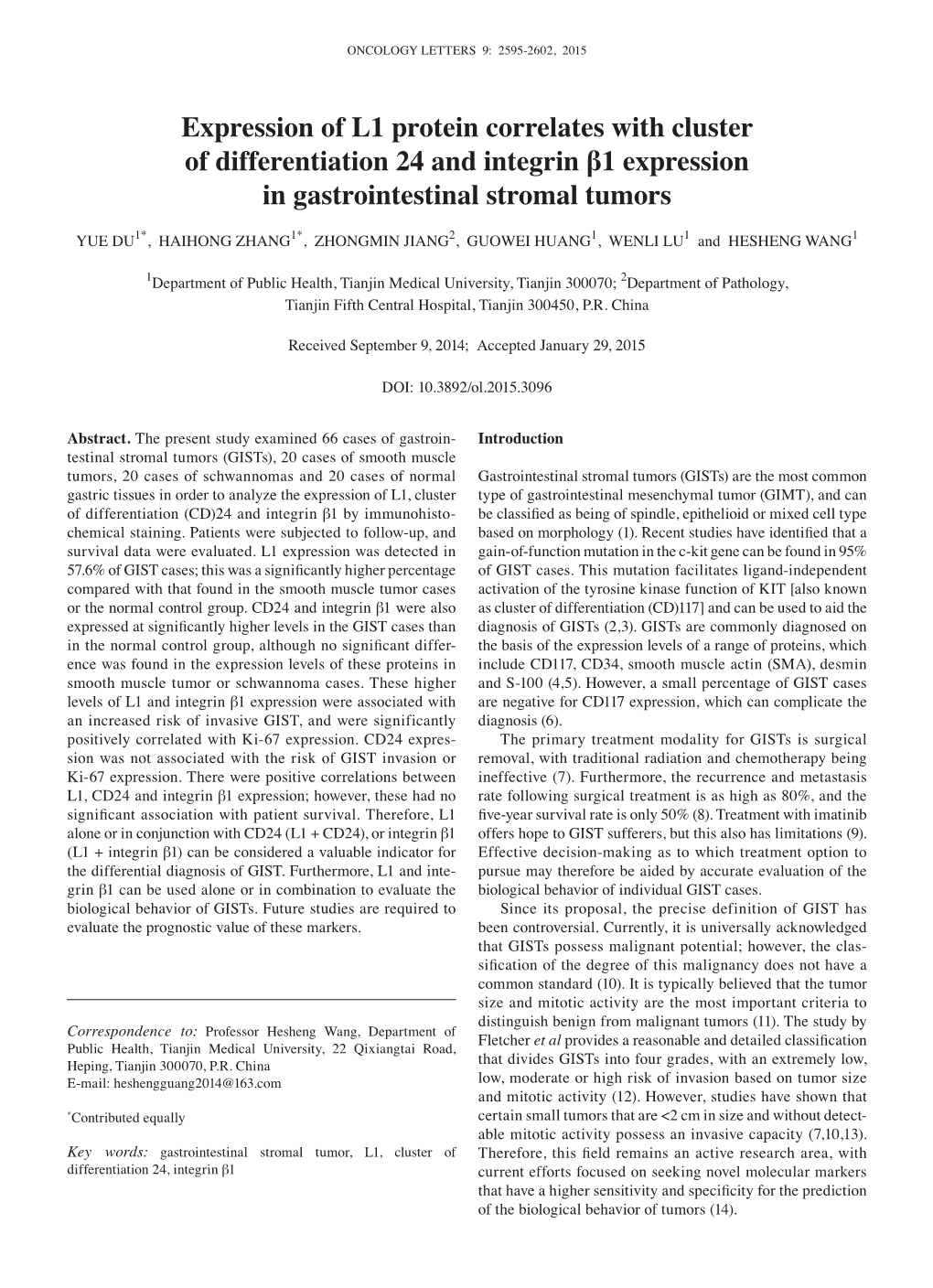 Expression of L1 Protein Correlates with Cluster of Differentiation 24 and Integrin Β1 Expression in Gastrointestinal Stromal Tumors