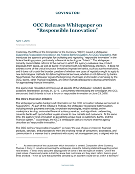 OCC Releases Whitepaper on “Responsible Innovation”