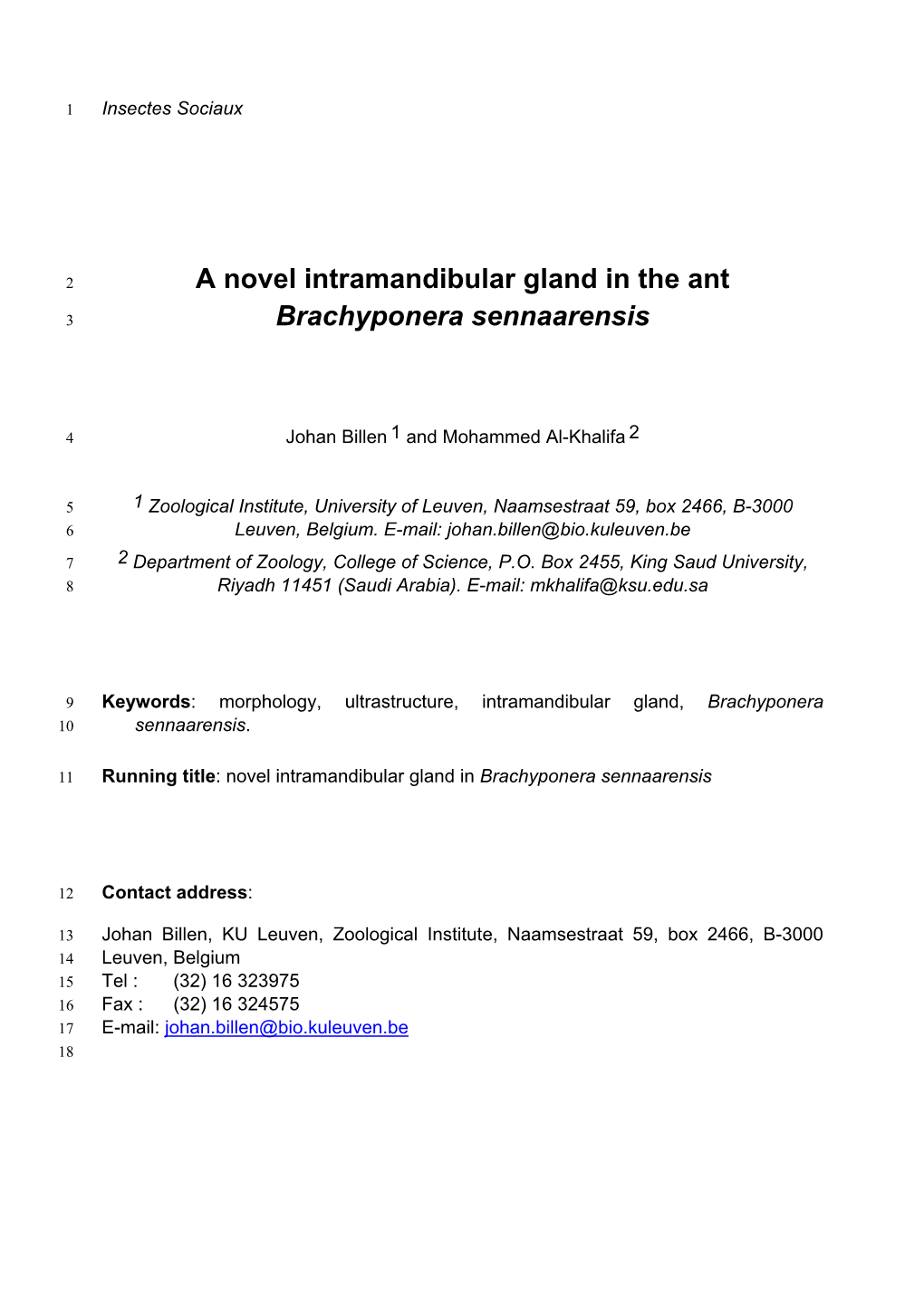 A Novel Intramandibular Gland in the Ant Brachyponera Sennaarensis